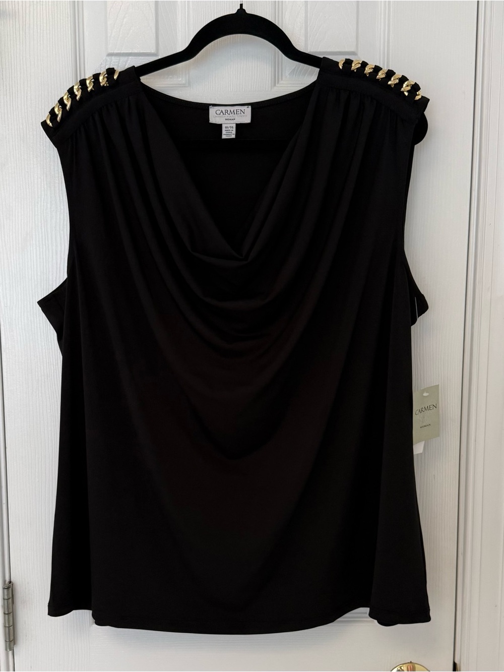 Carmen Marc Valvo Black Draped Sleeveless Top with Gold Chain Trim 1X